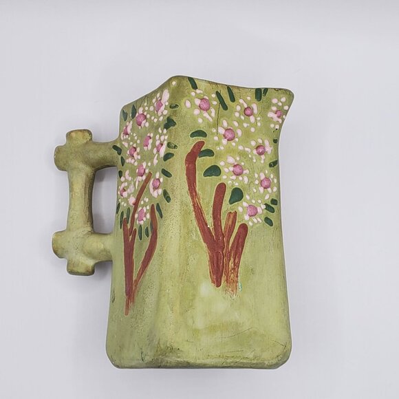 EHL 1960 Art Pottery Vase Planter Ceramic Vessel w/ Handle Green Floral Design - Picture 7 of 15